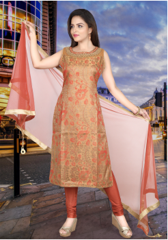 Rust Orange Brown Art Silk Straight Cut Chudidar